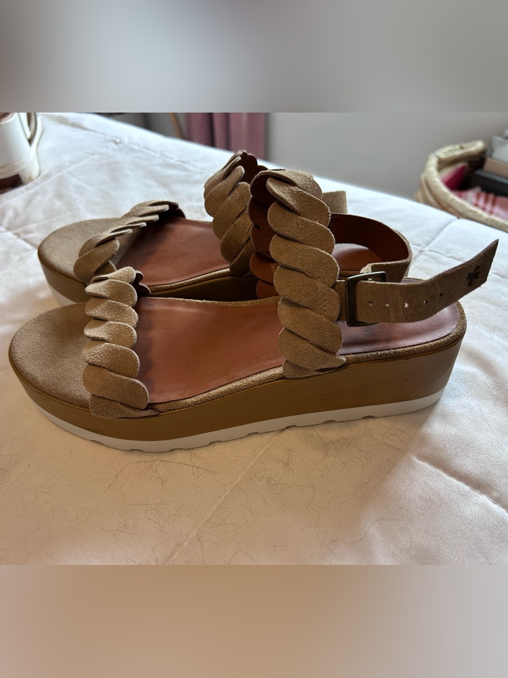 Lucky Brand Tan Braided Suede Wedge Sandals
